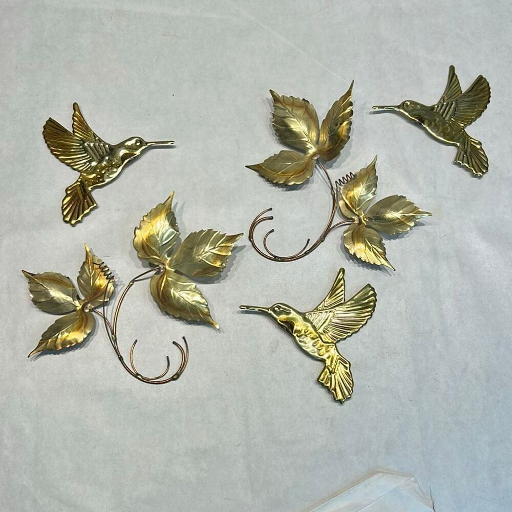 Vtg Metal Leaf Hummingbird 5 Pc Set Wall Decor Gold Copper Brass Color Delicate